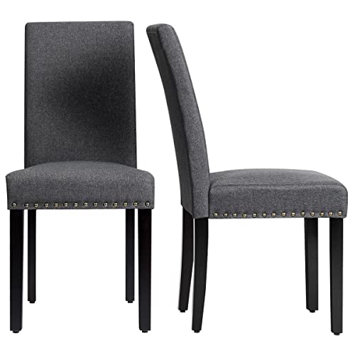 Giantex Upholstered Dining Chairs Set of 2, Fabric Side Chairs with Wood Legs, Soft Padded Seat, Nailhead Trim, Armless Parsons Dining Chair, Ideal for Dining Room, Kitchen, Living Room, Dark Grey