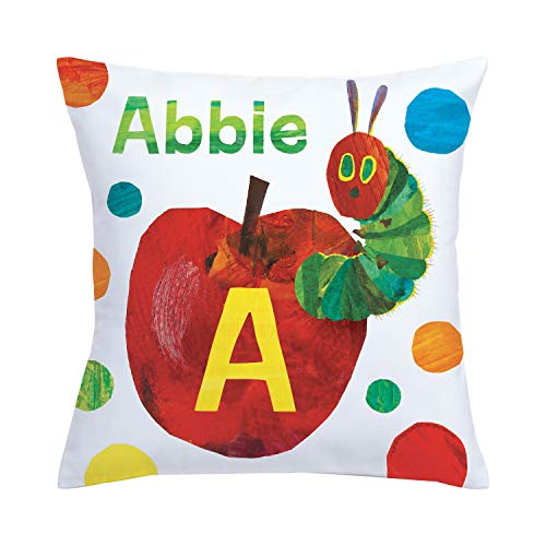 Eric Carle's Very Hungry Caterpillar Personalized Throw Pillow with Apple on White Removable Cover, Custom Name and Initial Printed, Official Licensed Product, 14x14