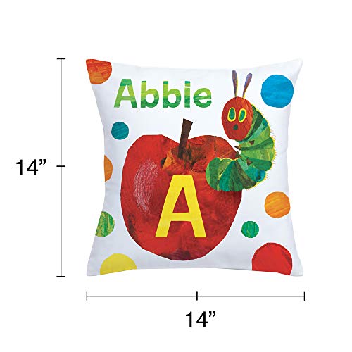 Eric Carle's Very Hungry Caterpillar Personalized Throw Pillow with Apple on White Removable Cover, Custom Name and Initial Printed, Official Licensed Product, 14x14