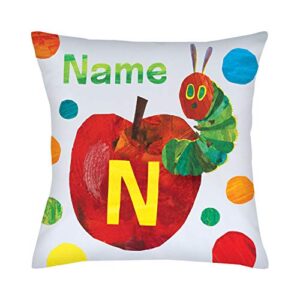 Eric Carle's Very Hungry Caterpillar Personalized Throw Pillow with Apple on White Removable Cover, Custom Name and Initial Printed, Official Licensed Product, 14x14