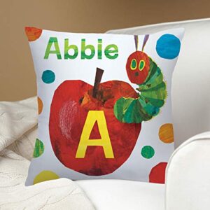 Eric Carle's Very Hungry Caterpillar Personalized Throw Pillow with Apple on White Removable Cover, Custom Name and Initial Printed, Official Licensed Product, 14x14