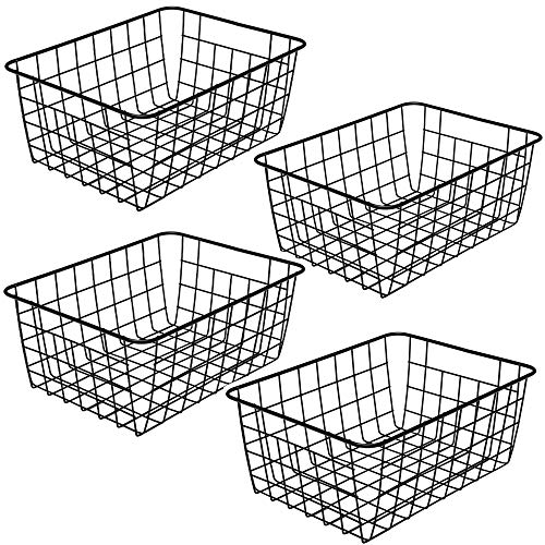 Aeggplant Kitchen Wire Baskets Farmhouse Decor Metal Food Storage Organizer, Household Refrigerator Bin with Built-in Handles for Cabinets,Pantry Set of 4 (Black)