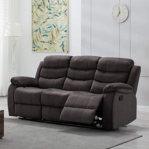 Kingway Modern Fabric Reclining 3 Seat Living Rooms Upholstered Manual Motion Couches Sofas, Brown