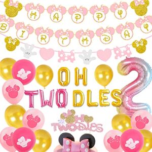 Cartoon Mouse 2nd Birthday Decorations for Girl Pink and Gold Oh Twodles Birthday Party Supplies with Cake Topper Number 2 Foil Balloon Happy Birthday Banner Garland for Cartoon Mouse Themed Party Decorations