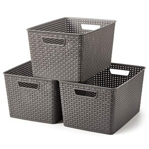 ezoware 3 pack x-large gray woven plastic storage baskets, organizer knit basket bin boxes with handle - 16.5x11.4x8.7 inch