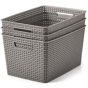 EZOWare 3 Pack X-Large Gray Woven Plastic Storage Baskets, Organizer Knit Basket Bin Boxes with Handle - 16.5x11.4x8.7 inch