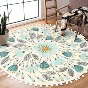 uphome round rug for bedroom 4' circle cute area rug with pom poms fringe floral plant washable throw rugs non-slip soft floor mats for entryway laundry living room kids room nursery