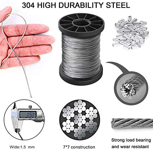 Picture Hanging Wire 1.5mm Up to 150lbs,100Feet(30.5M) Stainless Steel Wire Spool with 40Pcs Aluminum Crimping Loop Sleeve,Heavy Hanging Kit for Photo Frame Picture,Artwork,Mirror,String Light Hanging