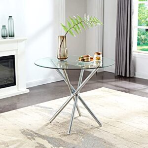 sicotas glass dining table round kitchen table with 4 silver chrome legs,modern circle dining room tables for 2 or 4,small dinner table for kitchen,apartment, small spaces,35.4d x 29.5h,clear