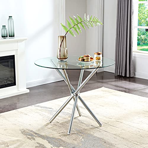 SICOTAS Glass Dining Table Round Kitchen Table with 4 Silver Chrome Legs,Modern Circle Dining Room Tables for 2 or 4,Small Dinner Table for Kitchen,Apartment, Small Spaces,35.4D x 29.5H,Clear