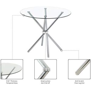 SICOTAS Glass Dining Table Round Kitchen Table with 4 Silver Chrome Legs,Modern Circle Dining Room Tables for 2 or 4,Small Dinner Table for Kitchen,Apartment, Small Spaces,35.4D x 29.5H,Clear