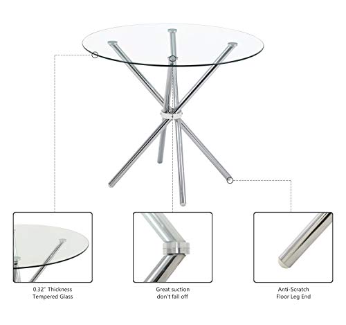 SICOTAS Glass Dining Table Round Kitchen Table with 4 Silver Chrome Legs,Modern Circle Dining Room Tables for 2 or 4,Small Dinner Table for Kitchen,Apartment, Small Spaces,35.4D x 29.5H,Clear