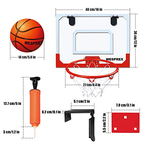 WESPREX Indoor Mini Basketball Hoop Set for Kids with 2 Balls, 16" x 12" Basketball Hoop for Door, Wall, Living Room, Office with Complete Accessories, Basketball Toy Gift for Boys and Girls - Red