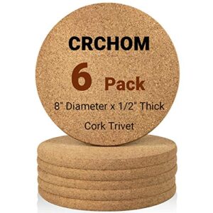 crchom 6 pack cork trivet set 8" diameter x 0.5" thick round cork hot pads for dishes, pots, pans and plants