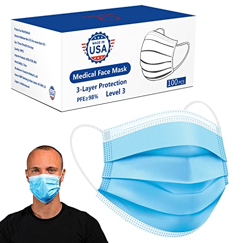 DR.MOXA 100Pcs Medical Grade Disposable Face Mask 3-Ply Latex Free, Non Woven，Soft on Skin