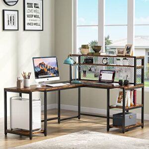 tribesigns 67" reversible large computer desk with hutch, office desk study table writing desk workstation with 5 storage shelves 2 tier bookshelf for home office (rustic brown)