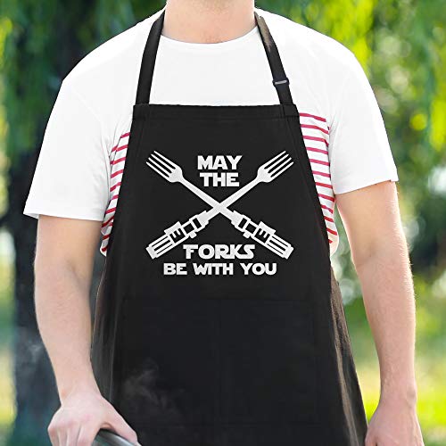 APRON DADDY Funny Apron, May The Forks Be With You - Novelty Funny Cooking Apron for Movie Fans - Extra Large 1 Size Fits All - Poly/Cotton Apron with 2 Pockets - Star Gift for Cook, Husband,