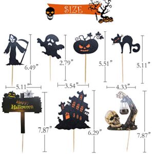 Halloween Party Supplies Cake Toppers, 25PCS Halloween Cupcake Picks Set, Haunted House Cake Decor with Pumpkin Ghost and Skull, Bake Dessert Favors for Halloween Kids Decorations Gift