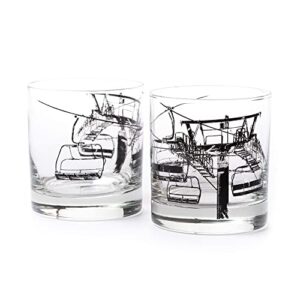 black lantern whiskey glasses – rock glass and small tumblers, glassware set of 2 – mountain decor ski lift print - ski lodge and cabin decor - kitchen cups and everyday drinking glasses