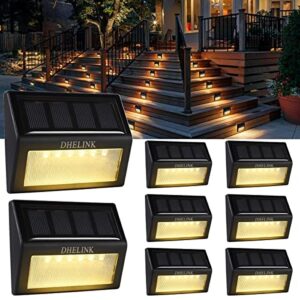 dhelink 8 pack outdoor solar deck lights, 6 led solar step lights outdoor waterproof warm white auto on/off solar powered stair lights lighting for fence yard patio garden pathway walkway