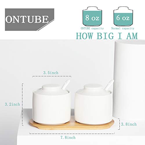 ONTUBE Ceramic Sugar Bowl with Lid and Spoon Set of 2,Porcelain Seasoning Box Salt Bowl with Tray,8oz (White)