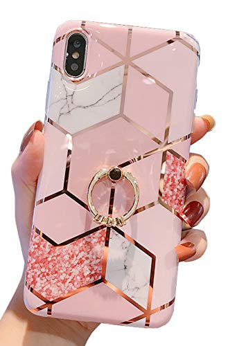 Qokey Compatible with iPhone Xs Max Case,Marble Case Cute Fashion for Men Women Girls with 360 Degree Rotating Ring Kickstand Soft TPU Shockproof Cover Designed for iPhone Xs Max 6.5 Inch Bling Pink