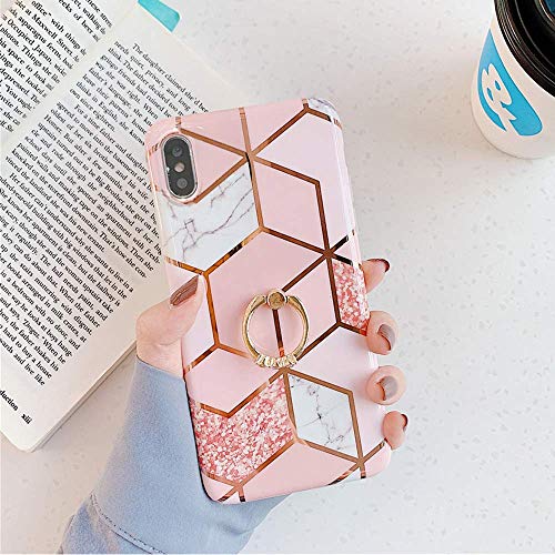 Qokey Compatible with iPhone Xs Max Case,Marble Case Cute Fashion for Men Women Girls with 360 Degree Rotating Ring Kickstand Soft TPU Shockproof Cover Designed for iPhone Xs Max 6.5 Inch Bling Pink