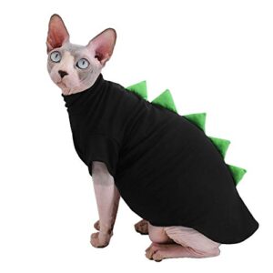 Dinosaur Design Sphynx Hairless Cat Clothes Cute Breathable Summer Cotton Shirts Cat Costume Pet Clothes,Round Collar Kitten T-Shirts with Sleeves, Cats & Small Dogs Apparel (XL (9-12.1 lbs), Black)