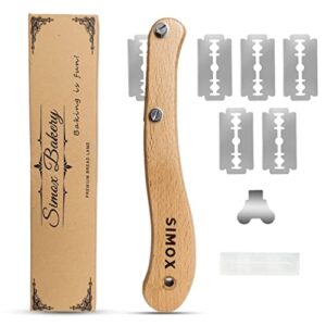 simox premium bread lame, bread scorer blade with crafted wooden handle & 5 blades, bread scoring tool/bread lame with protective cover