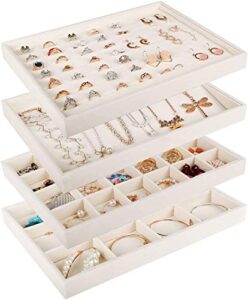 mebbay large stackable velvet jewelry trays organizer, jewelry storage display trays for drawer, earring necklace bracelet ring organizer, set of 4 (warm white), 13.8" x 9.5" x 1.18"