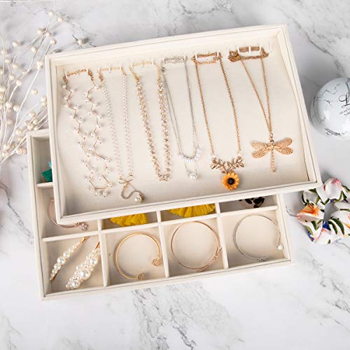 Mebbay Large Stackable Velvet Jewelry Trays Organizer, Jewelry Storage Display Trays for Drawer, Earring Necklace Bracelet Ring Organizer, Set of 4 (Warm White), 13.8" x 9.5" x 1.18"