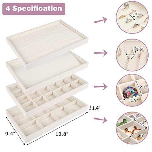 Mebbay Large Stackable Velvet Jewelry Trays Organizer, Jewelry Storage Display Trays for Drawer, Earring Necklace Bracelet Ring Organizer, Set of 4 (Warm White), 13.8" x 9.5" x 1.18"