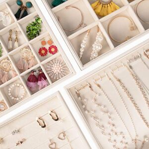 Mebbay Large Stackable Velvet Jewelry Trays Organizer, Jewelry Storage Display Trays for Drawer, Earring Necklace Bracelet Ring Organizer, Set of 4 (Warm White), 13.8" x 9.5" x 1.18"