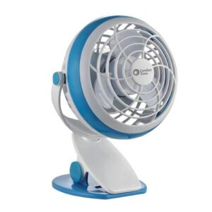 Comfort Zone CZBT4BL 4” USB or Battery Powered Dual Base Combo Clip-on or Desk Fan, Single Speed Setting, Adjustable Tilt, Lightweight, Blue