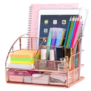 poprun desk organizers and accessories for women with drawer, cute desk supplies and stationary oganizer for home and office desk decor, metal mesh desk organization and storage (rose gold)