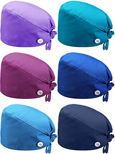 6 Pieces Gourd-Shaped Working Caps with Buttons Adjustable Bouffant Hats Multicolor Tie Back Caps RA0367 6 Pieces Gourd-Shaped Working Caps with Buttons Adjustable Bouffant Hats Multicolor Tie Back Caps (Lake Blue, Navy Blue, Blue, Pink, Light Purple, D