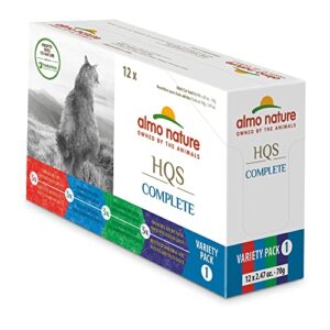 almo nature hqs natural variety pack grain free, additive free recipes - chicken w/duck (6); tuna w/sardines (6); chicken w/green beans (6); mackerel w/ sweet potatoes (6) adult cat canned wet food