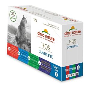 Almo Nature HQS Natural Variety Pack Grain Free, Additive Free Recipes - Chicken w/Duck (6); Tuna w/Sardines (6); Chicken w/Green Beans (6); Mackerel w/ Sweet Potatoes (6) Adult Cat Canned Wet Food