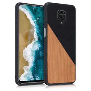 kwmobile case compatible with xiaomi redmi note 9s / 9 pro / 9 pro max - hard cover with tpu bumper and pu leather/wood design - two-tone wood black/brown