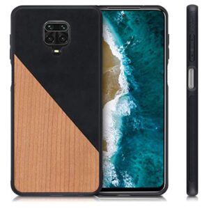 kwmobile Case Compatible with Xiaomi Redmi Note 9S / 9 Pro / 9 Pro Max - Hard Cover with TPU Bumper and PU Leather/Wood Design - Two-Tone Wood Black/Brown