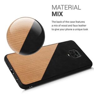 kwmobile Case Compatible with Xiaomi Redmi Note 9S / 9 Pro / 9 Pro Max - Hard Cover with TPU Bumper and PU Leather/Wood Design - Two-Tone Wood Black/Brown