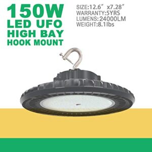 OSTEK UFO LED High Bay Light 150W 24000LM, 4000K 1-10V Dimmable Barn Workshop High Bay Lighting Fixture UL DLC Listed US Hook 5' Cable