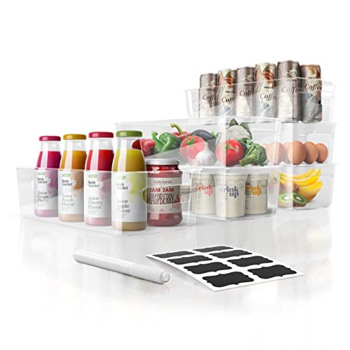 Simply Gourmet Refrigerator Organizer Bins - Set of 6 Clear, Stackable Freezer and Fridge Organizer Containers w/Chalk Pen and Labels - Essential Pantry & Kitchen Organization and Storage