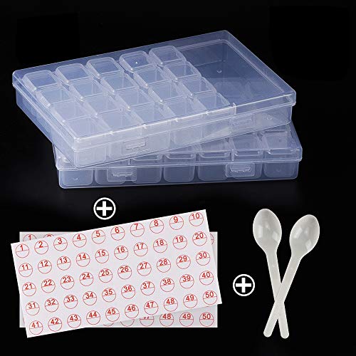2 Pack 56 Grids Diamond Painting Accessories Storage Box,5D Diamond Art Storage Containers for Jewelry,Portable Bead Storage Art Kit Tool 2 Sets Spoon and Label Stickers