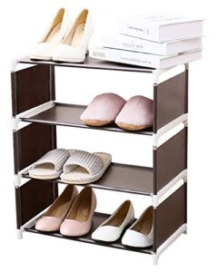 double a iron shoe storage organizer rack, 4-tier stackable free standing shoe shelf ( include safety work gloves ) - brown