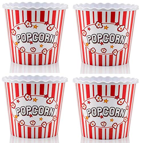 ONONEXPRESS Modern Style Reusable Plastic Popcorn Box/Popcorn Containers/Popcorn Bowls Set for Movie Theater Night - (BPA Free - Red/White 4 Pack-75 oz)