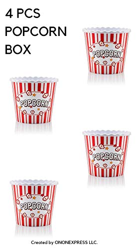 ONONEXPRESS Modern Style Reusable Plastic Popcorn Box/Popcorn Containers/Popcorn Bowls Set for Movie Theater Night - (BPA Free - Red/White 4 Pack-75 oz)