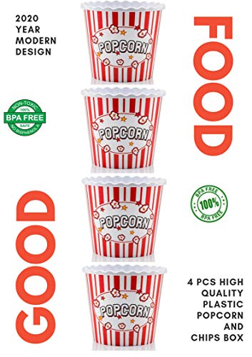 ONONEXPRESS Modern Style Reusable Plastic Popcorn Box/Popcorn Containers/Popcorn Bowls Set for Movie Theater Night - (BPA Free - Red/White 4 Pack-75 oz)