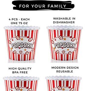 ONONEXPRESS Modern Style Reusable Plastic Popcorn Box/Popcorn Containers/Popcorn Bowls Set for Movie Theater Night - (BPA Free - Red/White 4 Pack-75 oz)