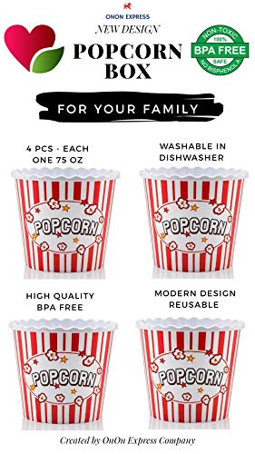 ONONEXPRESS Modern Style Reusable Plastic Popcorn Box/Popcorn Containers/Popcorn Bowls Set for Movie Theater Night - (BPA Free - Red/White 4 Pack-75 oz)